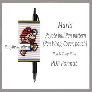 May include: A black Pilot G2 pen with a beaded pen wrap featuring a pixelated image of Mario. The pen wrap is white with blue, yellow, and black accents. Text on the image reads "Mario Peyote ball Pen pattern (Pen Wrap, Cover, pouch)".