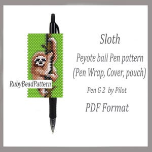 May include: A black Pilot G2 pen featuring a beaded sloth design. The sloth is brown and white, on a green backdrop. The image text says "Sloth Peyote ball Pen pattern (Pen Wrap, Cover, pouch) Pen G 2 by Pilot PDF Format" and "RubyBeadPattern".