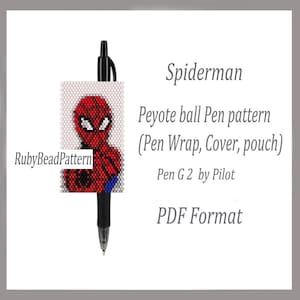 May include: A black pen with a Spiderman-themed beaded pen wrap. The wrap features a red and black design with a white-eyed Spiderman face. The text on the image says "Peyote ball Pen pattern" and "PDF Format".