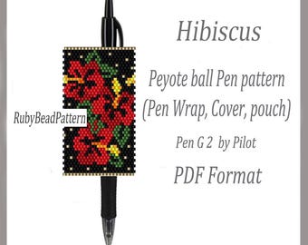 Hibiscus bead pen wraps Pilot G2, Hibiscus bead patterns cover pen, Hibiscus beaded patterns, Hibiscus bead Flower peyote patterns PDF file