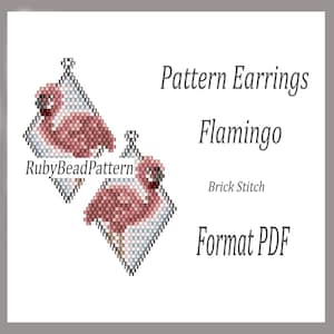 May include: A pair of diamond-shaped earrings featuring a flamingo design, created using a brick stitch technique. The earrings are pink and white, with the text "Pattern Earrings Flamingo" and "Format PDF". The brand name "RubyBeadPattern" is also visible.