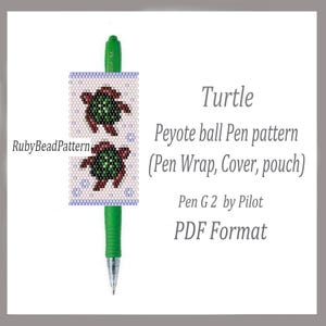 May include: A green Pilot G2 pen with a beaded pen wrap featuring two green and brown turtle designs. The pen wrap is a peyote ball pattern, with the text "Turtle Peyote ball Pen pattern (Pen Wrap, Cover, pouch) PDF Format".