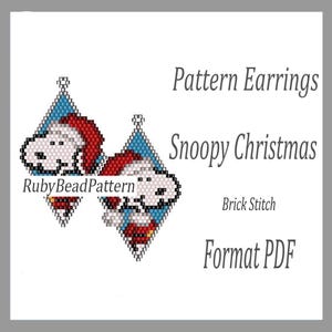 May include: A pair of diamond-shaped earrings featuring a Snoopy Christmas design, crafted with a brick stitch pattern. The earrings showcase Snoopy wearing a Santa hat, set against a blue background. The text "Pattern Earrings", "Snoopy Christmas", "Brick Stitch", and "Format PDF" are also visible.