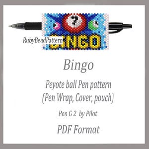 Pode incluir: Uma caneta preta com uma capa de caneta Bingo com contas. A capa apresenta um design colorido com a palavra "Bingo" e imagens de bolas de bingo. O texto "RubyBeadPattern" também é visível.