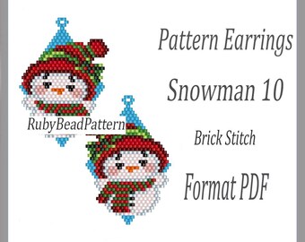 Snowman 10 bead earrings pattern, Snowman bead pattern, Christmas bead earrings pattern, Christmas beading pattern, Beading, Brick Stitch