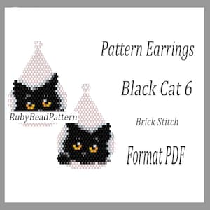 May include: A digital beadwork design for earrings featuring two black cats with orange eyes, each wearing a light-colored triangular hat. The text reads Pattern Earrings, Black Cat 6, Brick Stitch, Format PDF, and RubyBeadPattern.