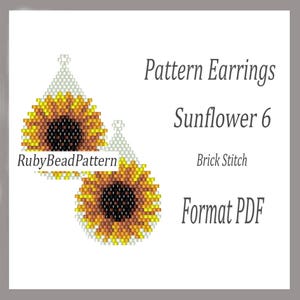May include: A pair of beaded sunflower earrings, with yellow, orange, and black beads. The earrings are teardrop-shaped and feature the text "Pattern Earrings Sunflower 6 Brick Stitch Format PDF" and "RubyBeadPattern".