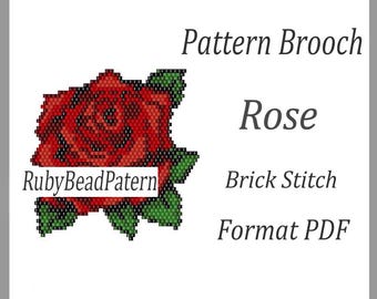 May include: A digital pattern for a rose brooch, featuring a pixelated red rose with green leaves. The text reads "Pattern Brooch Rose Brick Stitch Format PDF" and "RubyBeadPatern".