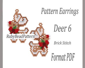 Deer 6 bead earrings pattern, Christmas deer bead pattern, Christmas bead earrings pattern, Christmas beading pattern, Beading, Brick Stitch