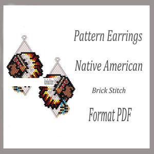 May include: A digital pattern for Native American-style brick stitch earrings. The design features geometric patterns in brown, red, yellow, and blue. The text on the image reads "Pattern Earrings Native American Brick Stitch Format PDF."