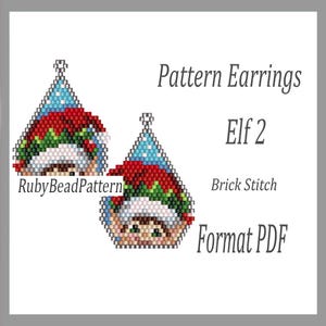 May include: Beaded elf earrings in a brick stitch design. The earrings show a blue hat with red and green details, and a white trim. The text "Pattern Earrings Elf 2" and "Format PDF" are also visible in the image.