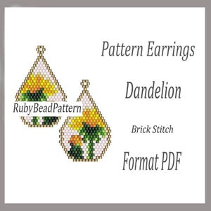 May include: A digital pattern for Dandelion earrings in brick stitch. The design features yellow and green flowers within a white and gold-colored frame. The text on the image reads "Pattern Earrings Dandelion Brick Stitch Format PDF".