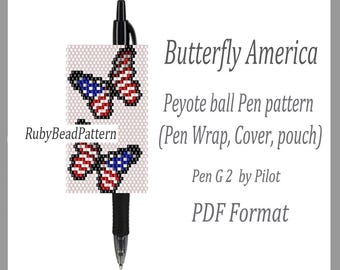 Butterfly America bead pen wraps Pilot G2, Butterfly patterns bead cover pen, America Beaded patterns, Bead peyote pattern, Beading PDF file