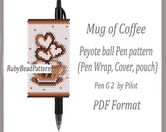 Mug of Coffee bead pen wraps Pilot G2, Mug of Coffee bead cover pen, Coffee beaded patterns, Peyote patterns, Beading patterns PDF file