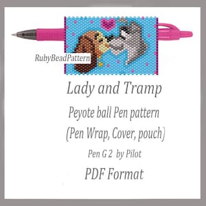 May include: A pink pen with a beaded pen wrap featuring the characters Lady and Tramp from the Disney movie. The pen wrap is blue with a heart and the text "RubyBeadPattern". The text "Lady and Tramp" is also visible.