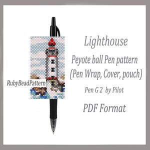 May include: A black pen with a beaded lighthouse design. The lighthouse has a red top, white body, and black accents. The design is a Peyote ball pen pattern, with text that reads "Lighthouse Peyote ball Pen pattern (Pen Wrap, Cover, pouch) Pen G2 by Pilot PDF Format."