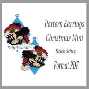 May include: Two beaded Christmas Mini pattern earrings featuring a cartoon character wearing a Santa hat. The earrings are in a diamond shape with a blue background. The text on the image says "Pattern Earrings Christmas Mini Brick Stitch Format PDF" and "RubyBeadPattern".