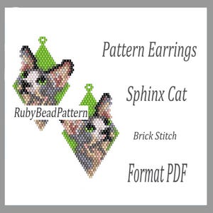 May include: A digital pattern for Pattern Earrings featuring a Sphinx Cat design. The earrings are created using the brick stitch technique. The pattern is available in PDF format. The RubyBeadPattern logo is visible.