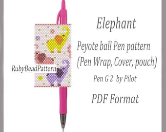 Olifantkralenpen wraps Pilot G2, dekpen olifantenpatroon, peyotepatroon dieren kralen, peyote olifantenkralen, pdf-bestand kralenpatroon