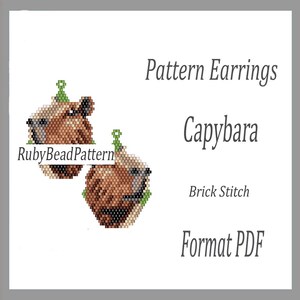 May include: A pair of capybara earrings, rendered in a brick stitch pattern. The earrings are brown and tan, with green accents. The text on the image reads "Pattern Earrings Capybara Brick Stitch Format PDF". The RubyBeadPattern logo is also visible.