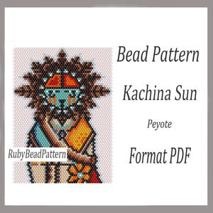 May include: A digital bead pattern titled "Kachina Sun" in PDF format. The design features a detailed illustration of a Native American Kachina figure, rendered in various colors. The pattern is labeled "Peyote" and includes the text "RubyBeadPattern".