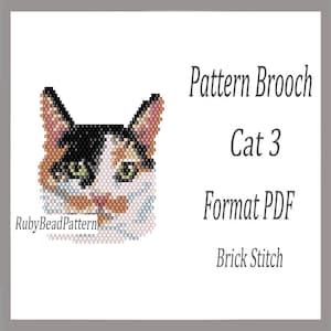 Può includere: Un modello PDF per una spilla a forma di gatto con perline. Il design presenta un volto di gatto calico con perline nere, arancioni e bianche. Il testo recita "Pattern Brooch Cat 3 Format PDF Brick Stitch" e "RubyBeadPattern".