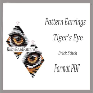 May include: Diamond-shaped earrings with a tiger's eye design, made using a brick stitch. The earrings display a detailed pattern of black, white, and orange beads, mimicking a tiger's eye. The image text reads "Pattern Earrings Tiger's Eye Brick Stitch Format PDF".