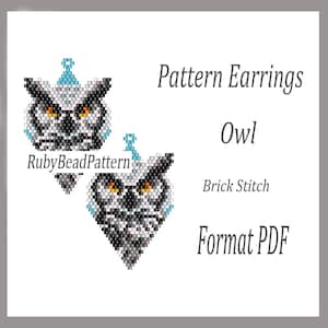 Può includere: Un modello PDF digitale per orecchini a forma di gufo. Gli orecchini sono realizzati con la tecnica del punto mattone. Il design presenta un volto di gufo dettagliato in tonalità di grigio, nero e bianco, con occhi arancioni e un accento blu. Il testo sull'immagine recita "Pattern Earrings Owl Brick Stitch Format PDF".