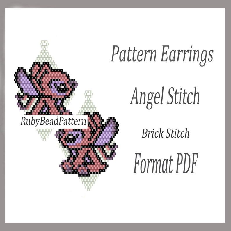 May include: A pair of Angel Stitch earrings, rendered in a brick stitch pattern, in shades of pink and purple. The image includes the text "Pattern Earrings", "Angel Stitch", "Brick Stitch", "Format PDF", and "RubyBeadPattern".