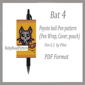 May include: A pen with a beaded cover showing a bat design. The cover is yellow with a grey bat illustration, purple wings, and a brown broom. Text on the cover reads "Bat 4" and "Peyote ball Pen pattern".