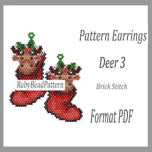 May include: A pair of beaded earrings in a Christmas stocking design, featuring a deer head with antlers. The earrings are red, brown, and green, with the text "RubyBeadPattern" and "Deer 3" visible. The text "Brick Stitch" and "Format PDF" are also present.