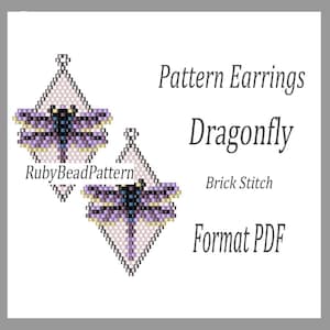 May include: A pair of beaded dragonfly earrings in a diamond shape. The earrings are purple, black, and gold. The image includes the text "Pattern Earrings Dragonfly Brick Stitch Format PDF" and "RubyBeadPattern".