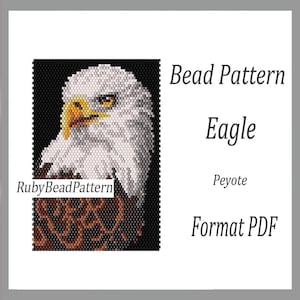 May include: A bead pattern featuring a detailed image of an eagle's head. The eagle is rendered in shades of white, brown, and yellow against a black background. Text includes "Bead Pattern Eagle Peyote Format PDF" and "RubyBeadPattern".