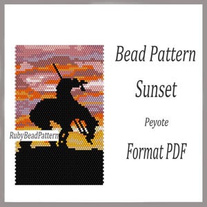 May include: A bead pattern titled "Sunset" in a PDF format. The design features a silhouette of a rider on a bucking bronco against a sunset sky in shades of orange, purple, and yellow. The pattern is in the peyote stitch style.