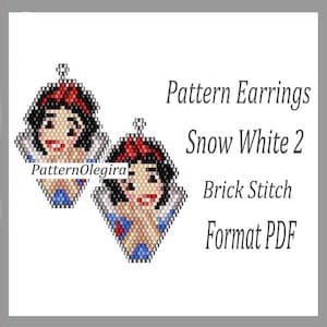 Pode incluir: Brincos com padrão com um design da Branca de Neve, criados com a técnica de ponto de tijolo. Os brincos estão em formato PDF. O design inclui um laço vermelho, cabelo preto e uma gola branca.