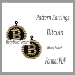 May include: Two beaded Bitcoin earrings in black and gold, displayed on a white background. The earrings are in a brick stitch pattern. Text on the image reads "Pattern Earrings Bitcoin Brick Stitch Format PDF" and "RubyBeadPattern".