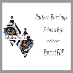 May include: Diamond-shaped earrings featuring a zebra eye design, crafted with black, white, brown, and blue beads. The image includes text: "Pattern Earrings Zebra's Eye Brick Stitch Format PDF".