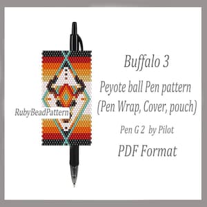May include: A black pen with a beaded pen wrap. The wrap features a geometric design in shades of red, orange, white, and turquoise. Text on the image reads "Buffalo 3 Peyote ball Pen pattern (Pen Wrap, Cover, pouch)".