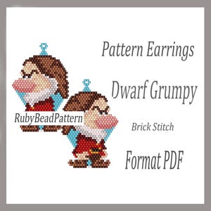 May include: Pattern earrings with a pixelated design of Grumpy the Dwarf. The earrings are in a brick stitch pattern, with a brown beard and hair, a red jacket, and a light blue background. The text "RubyBeadPattern" is visible.