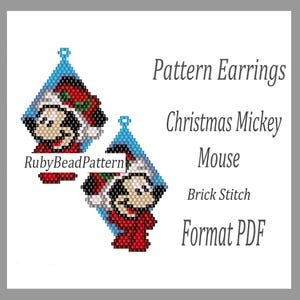 May include: A pair of diamond-shaped earrings featuring a Christmas-themed Mickey Mouse design. The earrings are made using a brick stitch technique and are part of a pattern available in PDF format. The text "RubyBeadPattern" is also visible.