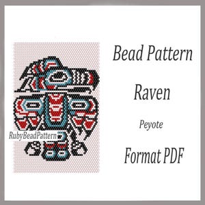May include: A bead pattern featuring a stylized raven design in black, red, and turquoise. The pattern is in the peyote stitch and is available in PDF format. The RubyBeadPattern logo is in the lower left corner.