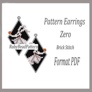 May include: Diamond-shaped beaded earrings featuring a black and white design with a ghost character and an orange nose. The earrings are made using the brick stitch technique. The text on the image says "Pattern Earrings Zero Brick Stitch Format PDF".