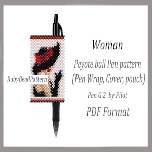 May include: A black pen with a beaded pen wrap featuring a woman in a hat design. The pen wrap is white with a red and black design. The text on the image says "Woman" and "Peyote ball Pen pattern".