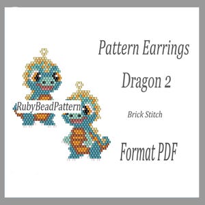 May include: A pair of beaded dragon earrings in a brick stitch pattern. The dragons are blue, orange, and gold, with the text "Pattern Earrings Dragon 2" and "Format PDF". The earrings are from RubyBeadPattern.