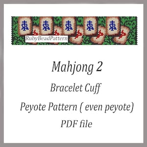 May include: A digital PDF file for a Mahjong 2 bracelet cuff. The design features a beaded pattern of Mahjong tiles in shades of brown, red, and blue, set against a green background. The text "RubyBeadPattern" is also visible.
