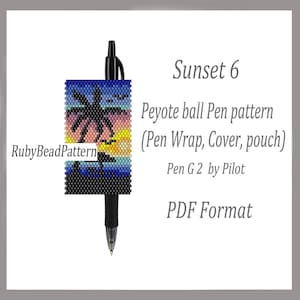 May include: A black pen with a beaded pen wrap featuring a sunset scene with a palm tree silhouette. The pen wrap is a Peyote ball pattern, and the design is titled "Sunset 6". The pattern is for a pen wrap, cover, or pouch.