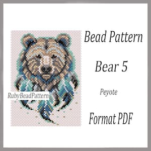May include: A digital bead pattern featuring a bear design in shades of brown, blue, and teal. The text on the image reads "Bead Pattern Bear 5 Peyote Format PDF" and "RubyBeadPattern". The bear design is made with small beads.
