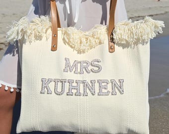 Bolso de mano personalizado con flecos para novia, con perlas y diamantes de imitación, ideal como regalo de boda o para la playa.