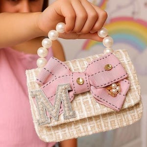 Personalized Kids Tweed Mini Handbag with Pearls and Bow