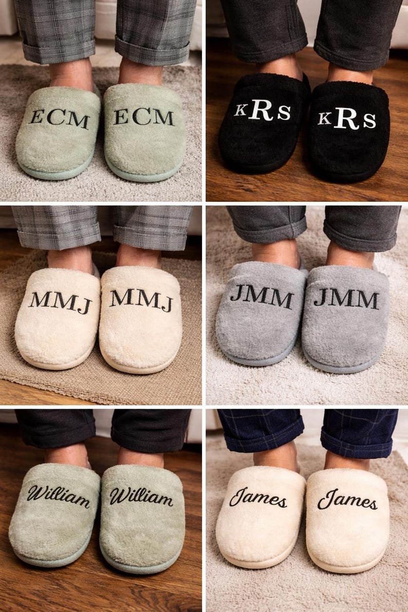 May include: A collection of personalized slippers in various colors, including black, gray, and cream. Each pair features embroidered initials or names in a contrasting color. The slippers are soft and cozy, perfect for lounging at home.